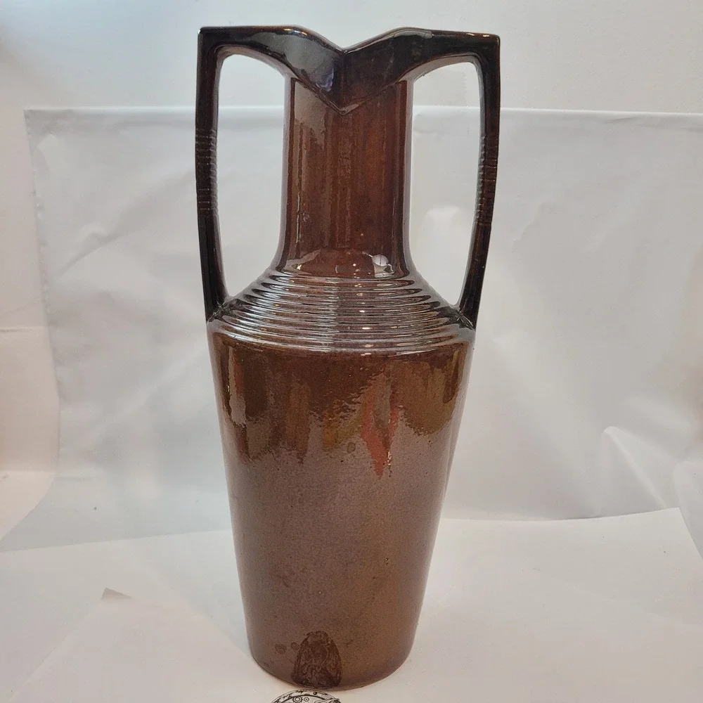 Nemadji Pottery Vase 4688P Vintage Modern Brown Glazed Ribbed Dual Handle 14